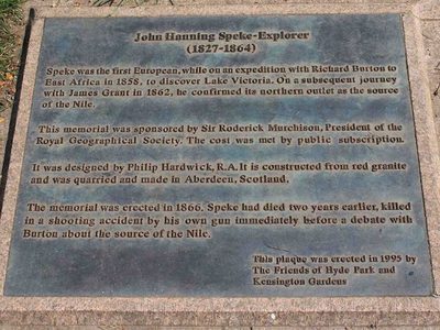Plaque by Speke Memorial, Kensington Gardens