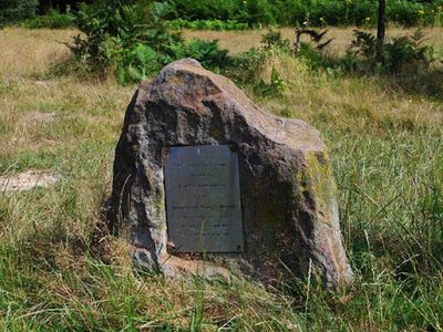 Plaque on stone, King's Wood, near Challock, Kent