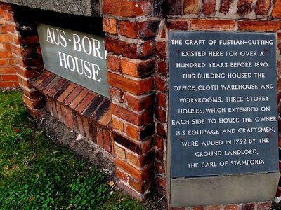 Fustian-cutting plaque outside Aus-Bore House in Wilmslow