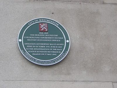 Plaque on former base of Czechoslovak government-in-exile, Bayswater Road, London
