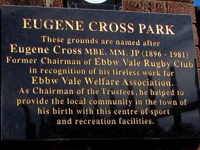 Plaque at the entrance to Eugene Cross Park, Ebbw Vale