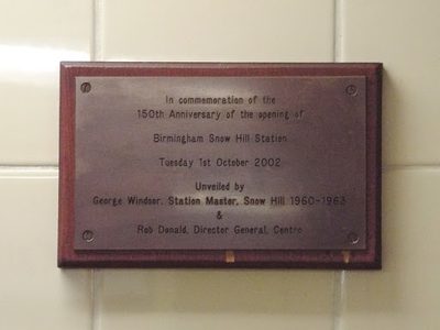 Plaque to commemorate the opening of Snow Hill Station, Birmingham, in 1852