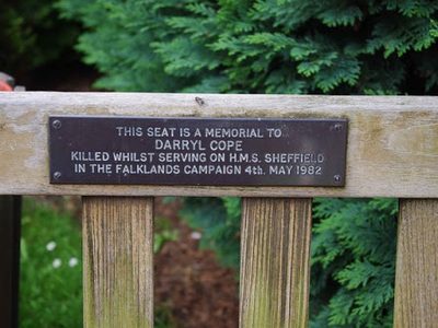Plaque on seat in Stourport War Memorial Gardens, Stourport-on-Severn
