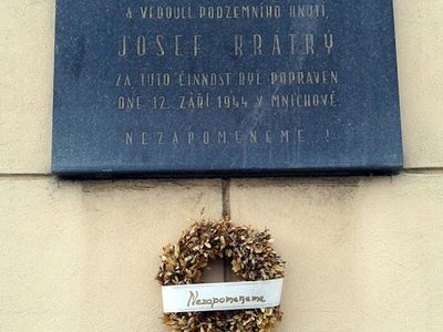 A plaque in Vysocanska, Prague for war resister Josef Kratky executed in 1944