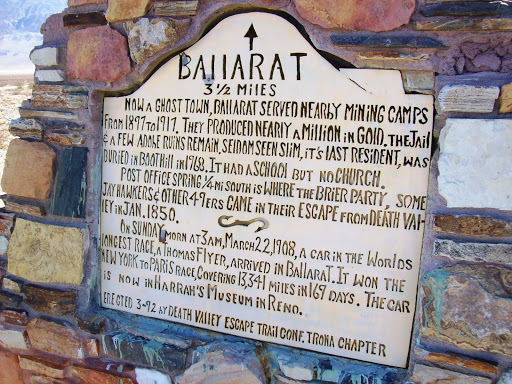 Hand-made historic marker for the ghost town of Ballarat, CA