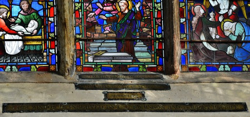 Crick: St. Margaret of Antioch church: Chancel window dedication brass 3