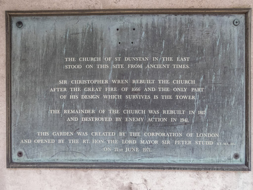Plaque, St Dunstan in the East, St Dunstan's Hill, London
