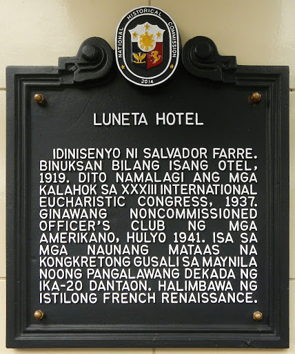 Luneta Hotel historical marker