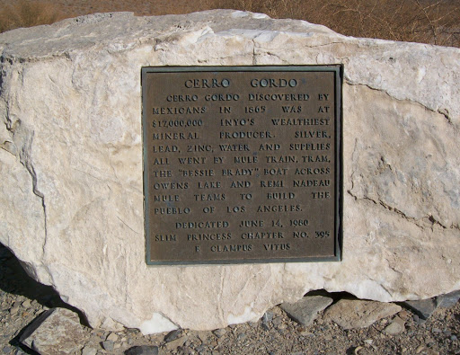 Historical marker for the Cerro Gordo mine outside Keeler, California